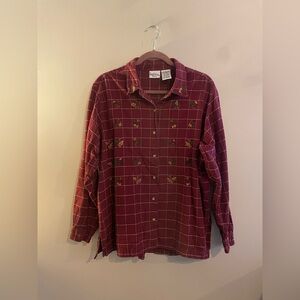 Bobbie Brooks Woman Red Flannel Shirt with Fall Leave Embroidery